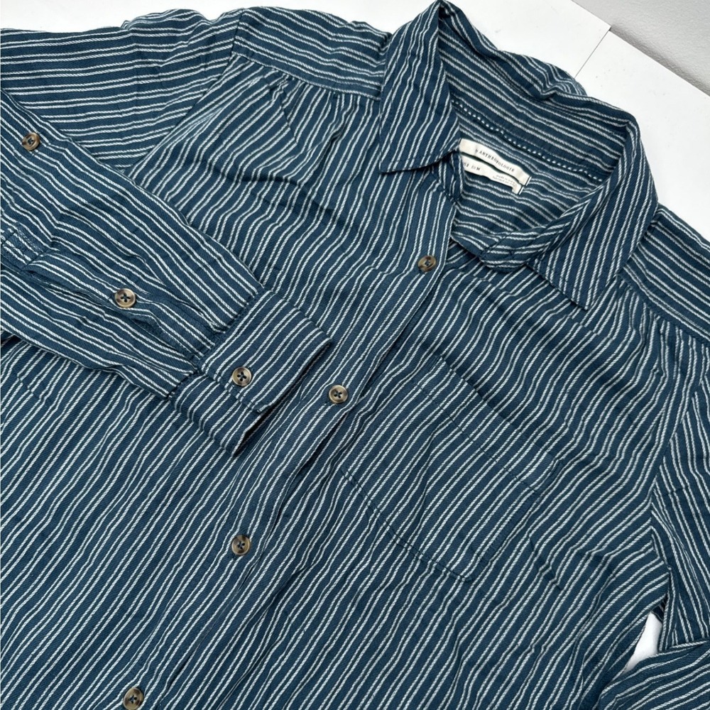 Anthropologie Striped Button Front Shirt Dress Navy Blue White Size 2 Long Slv